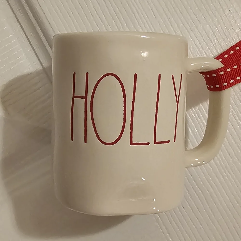 Rae Dunn EUC Ornament Set - Holly and Jolly Mugs with Red Ribbon